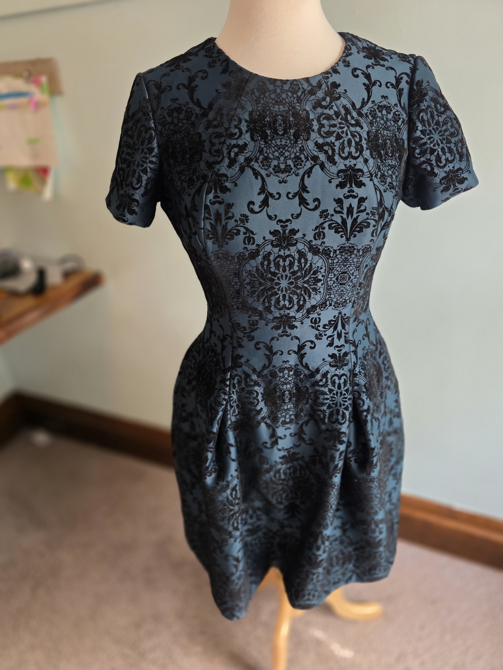 Vince Camuto Black Damask Fit-and-Flare Mini Dress